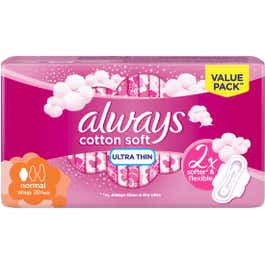 Always Cotton Soft Ultra Thin, Normal sanitary pads with wings, 20 Count